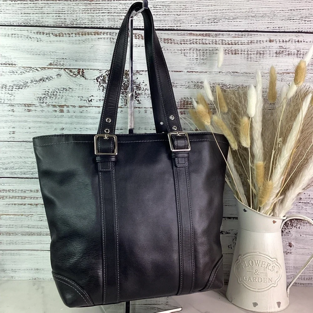 COACH VINTAGE HAMPTON BLACK SHOULDER BAG TOTE SMOOTH‎ LEATHER PURSE WORK
